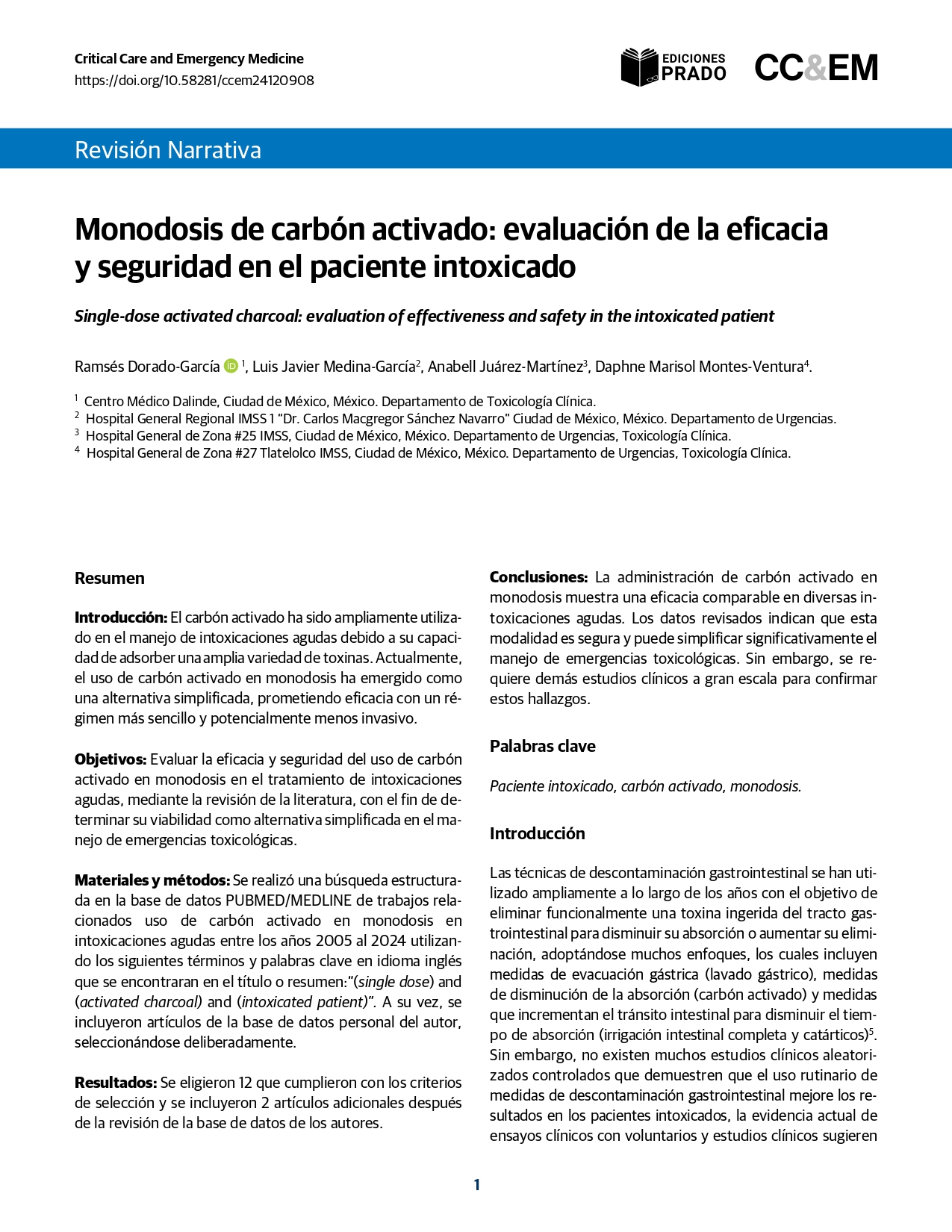 Monodosis de carbón activado: evaluación de la eficaciay seguridad en el paciente intoxicado